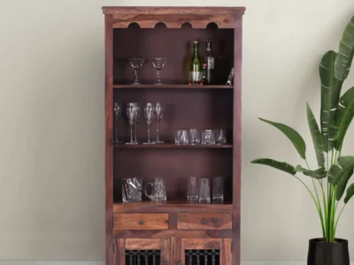 Sheesham Crockery Cabinet with Pull-Out Drawers, Shelves, and Display Section