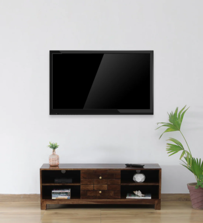 TV console with Sheesham wood finish and floating wall-mounted design by Sarve Furniture – modern wooden media unit