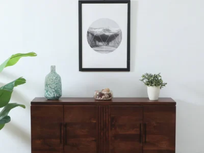 Rustic Sheesham Sideboard with Carved Panels and Open Display Shelves