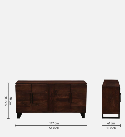 Rustic Sheesham Sideboard with Carved Panels and Open Display Shelves - Image 3