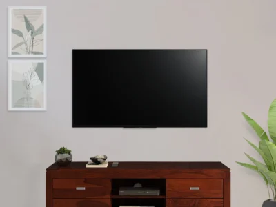 Corner TV Stand with Solid Wood Construction and Decorative Drawer Fronts