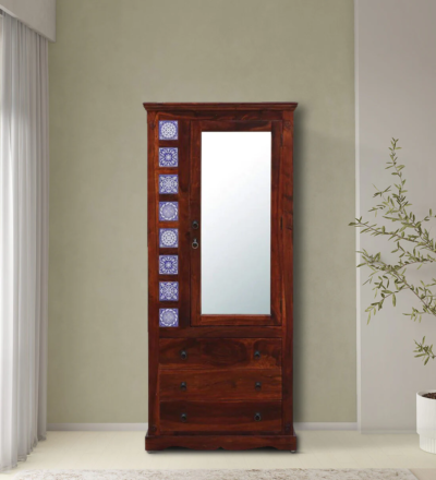 Bedroom wardrobe with shelves and mirror in Sheesham wood by Sarve Furniture – solid wood almirah with storage and dressing mirror