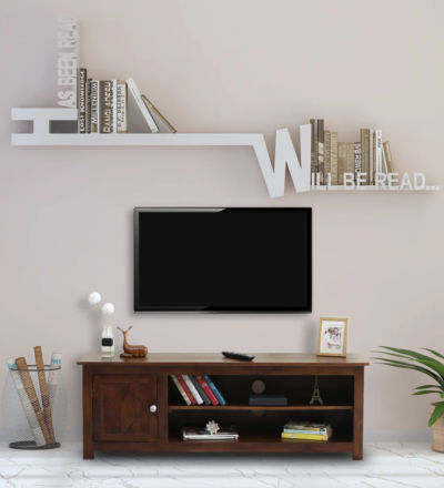 Floating Sheesham wood TV console wall-mounted with storage by Sarve Furniture
