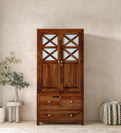 Premium wooden wardrobe with 2 doors, shelves, and locker by Sarve Furniture – solid wood storage almirah