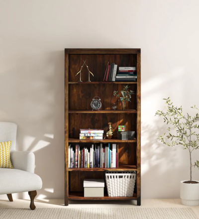 Study Room Bookshelf with Tiered Wooden Racks and Compact Base Design