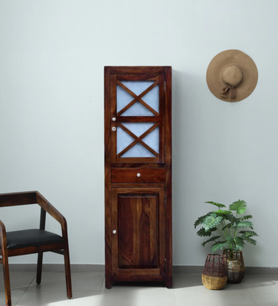Stylish 1 door bedroom wardrobe in solid Sheesham wood by Sarve Furniture – compact wooden almirah with natural texture