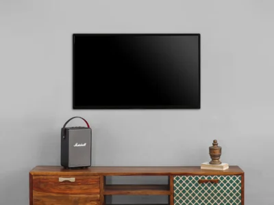 Compact Sheesham wood TV table with dual drawers and wooden finish by Sarve Furniture