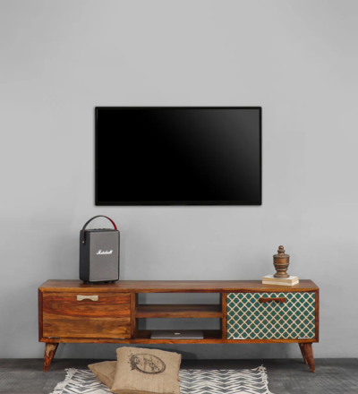 Compact Sheesham wood TV table with dual drawers and wooden finish by Sarve Furniture