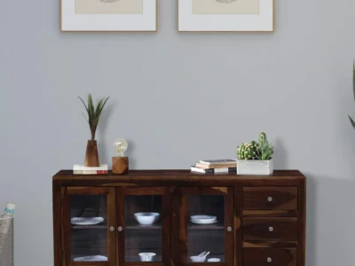 Crockery Cabinet with Polished Wood Frame and Sectional Storage Compartments
