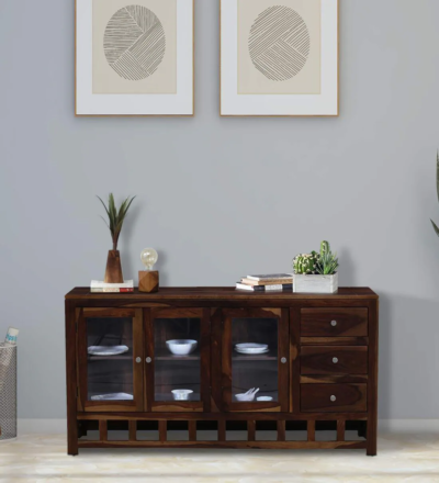 Crockery Cabinet with Polished Wood Frame and Sectional Storage Compartments