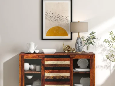 Teak wood crockery unit with glass display, drawer, and side cabinet by Sarve Furniture – Buy online