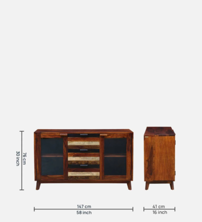 Teak Wood Crockery Unit with Glass Display, Drawer, and Side Cabinet Online - Image 3