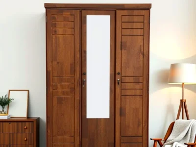 Wooden 3 door wardrobe with full-length mirror for bedroom by Sarve Furniture – solid wood storage almirah with mirror
