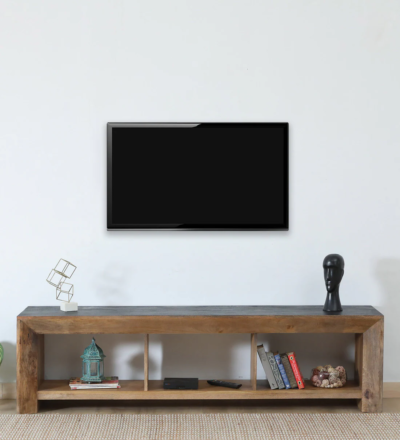Entertainment Unit with Wooden Frame and Cable Cutouts for Devices