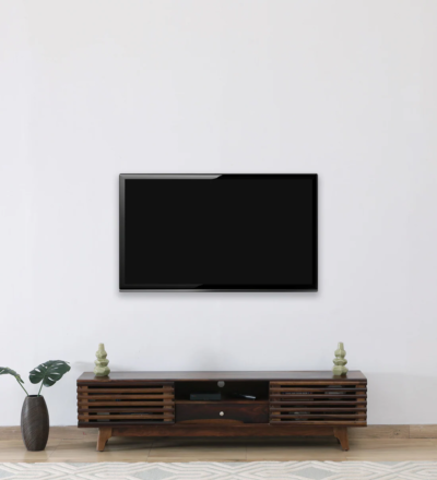 Wooden TV console with wide top and drawer storage in Sheesham wood by Sarve Furniture