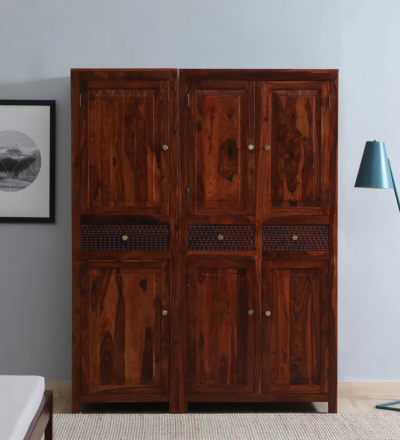 Modular Sheesham wood almirah with storage and shelf units by Sarve Furniture – customizable solid wood wardrobe for bedroom
