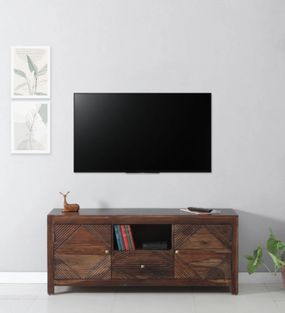 Sturdy Sheesham wood entertainment unit with wide surface and strong legs by Sarve Furniture