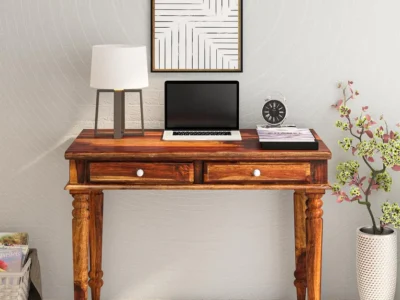 Writing table for kids with storage bin, bookshelf, and adjustable top
