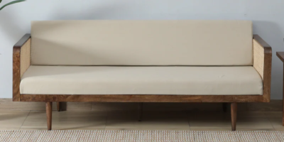 Sheesham wood 3 seater sofa with smooth finish and linen cushions