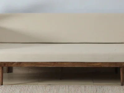 Sheesham wood 3 seater sofa with smooth finish and linen cushions