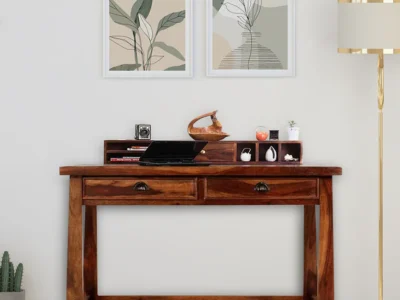 Smart wooden study desk with lamp mount and cable management slot