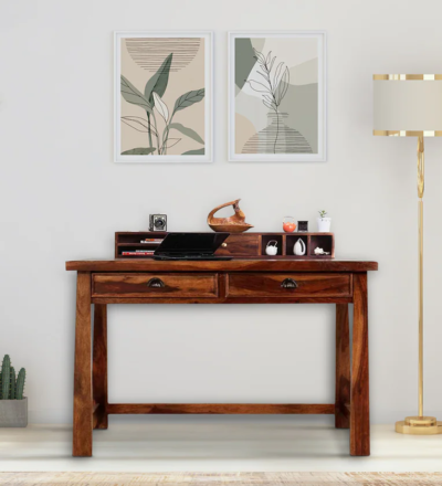 Smart wooden study desk with lamp mount and cable management slot