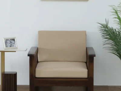 Rustic Sheesham Wood Sofa with Elegant Design and Soft Upholstered Cushions
