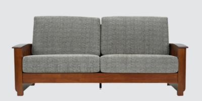 Comfortable Wooden Frame Sofa with Three Cushions and Neutral Fabric - Image 5