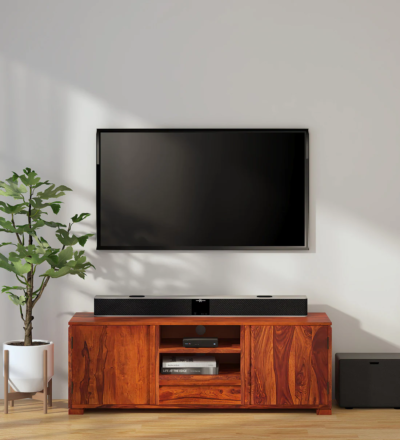 TV stand in solid Sheesham wood with woven drawer front design by Sarve Furniture