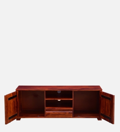 TV Stand in Solid Sheesham Wood with Woven Drawer Front Design - Image 4