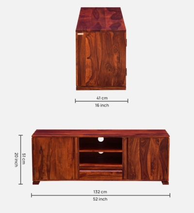 TV Stand in Solid Sheesham Wood with Woven Drawer Front Design - Image 3