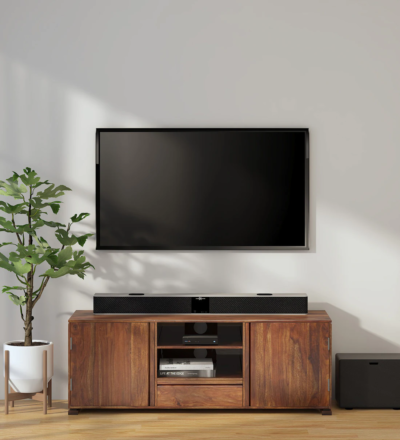 Sheesham wood TV unit with drawers and open rack for living room by Sarve Furniture