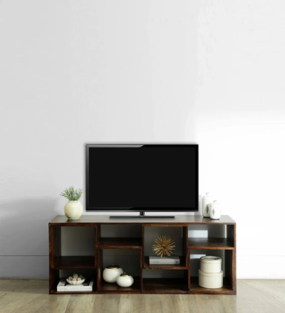 Sheesham wood media unit with smooth finish and entertainment shelves by Sarve Furniture