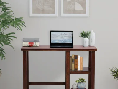Sleek study table with keyboard tray and storage space for books and stationery