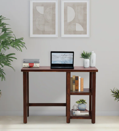 Sleek study table with keyboard tray and storage space for books and stationery