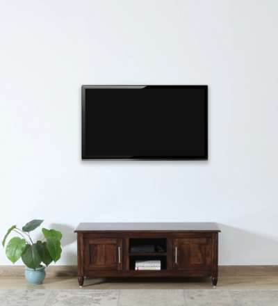 Solid Sheesham wood TV table with drawers and cable slots by Sarve Furniture