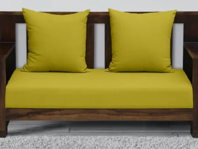 2 seater solid wood sofa with tufted cushions and designer arms