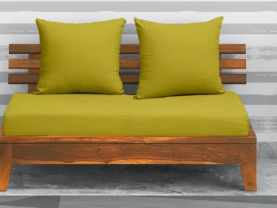 2 seater wooden sofa with padded backrest and solid handcrafted frame