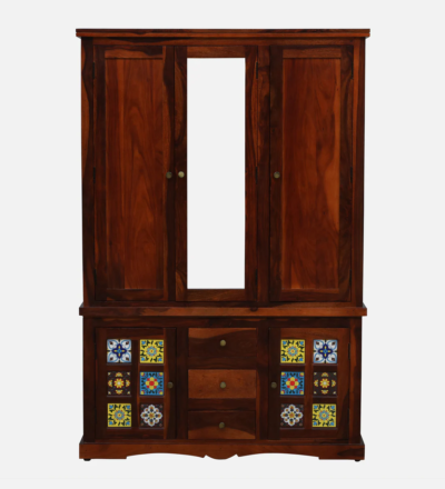Rustic Sheesham Wood Wardrobe with Brass Handles and Drawers By Sarve Furniture - Image 4