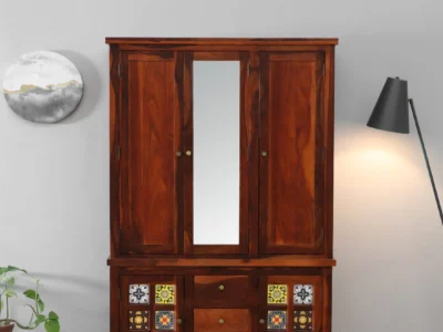 Rustic Sheesham wood wardrobe with brass handles and drawers by Sarve Furniture – vintage solid wood bedroom almirah