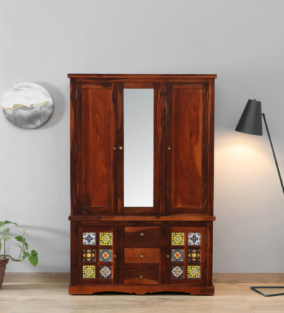 Rustic Sheesham wood wardrobe with brass handles and drawers by Sarve Furniture – vintage solid wood bedroom almirah