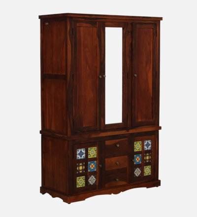 Rustic Sheesham Wood Wardrobe with Brass Handles and Drawers By Sarve Furniture - Image 5