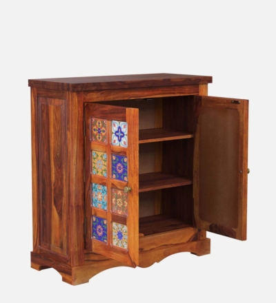 Compact Wooden Cabinet with Drawer and Double Door Storage in Honey Finish - Image 4
