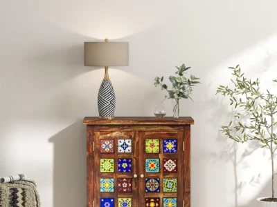 Contemporary Sheesham sideboard with polished surface and adjustable storage shelves by Sarve Furniture