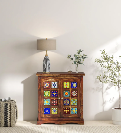 Contemporary Sheesham sideboard with polished surface and adjustable storage shelves by Sarve Furniture