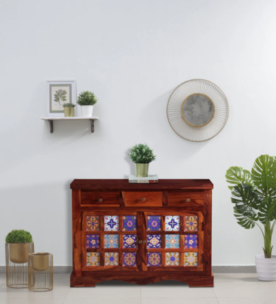Minimalist Sheesham Wood Sideboard with Smooth Finish and Metal Noob Drawers