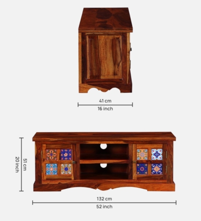Sheesham Wood Entertainment Unit with Storage and Cable Organizer - Image 3