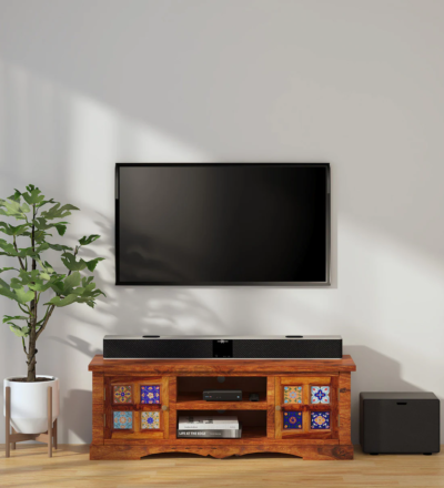 Sheesham wood entertainment unit with storage and cable organizer by Sarve Furniture – solid wood media console for living room