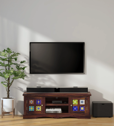 Handmade wooden TV console in Sheesham with media device storage by Sarve Furniture – solid wood entertainment unit for living room