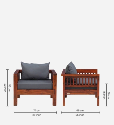 Handcrafted One Seater Sofa with Soft Fabric and Polished Wood Base - Image 3